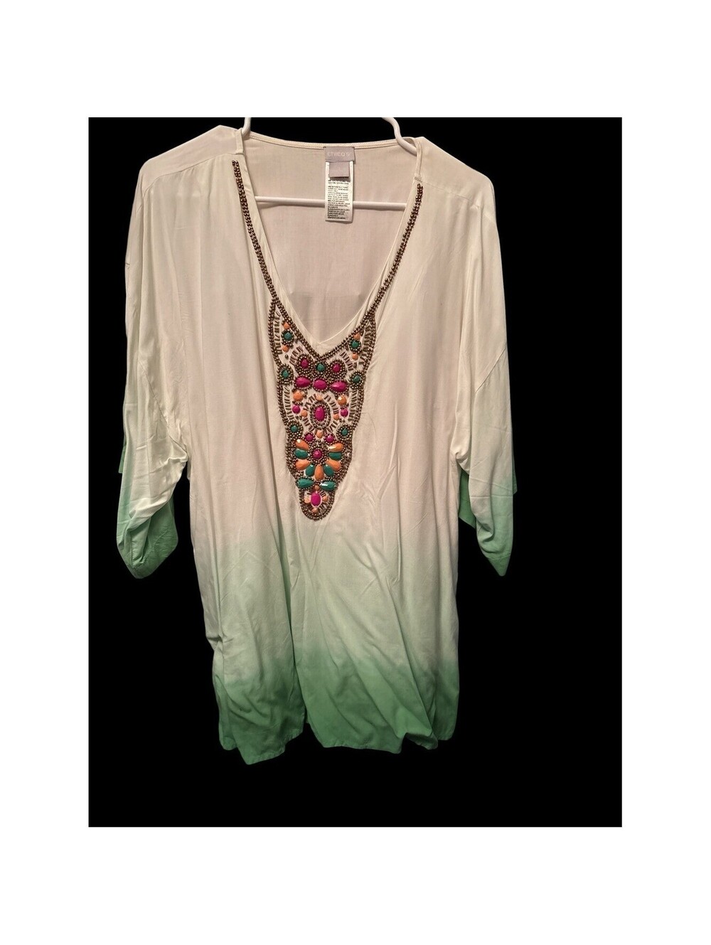 Chico's White to Mint Ombre Tunic with Colorful Beaded V-Neck
